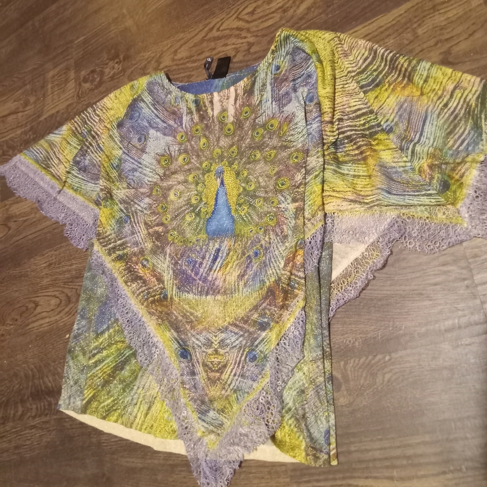 New Directions Womens Peacock Blouse w/ Rhinestones & Purple Lace Trim NWOT!